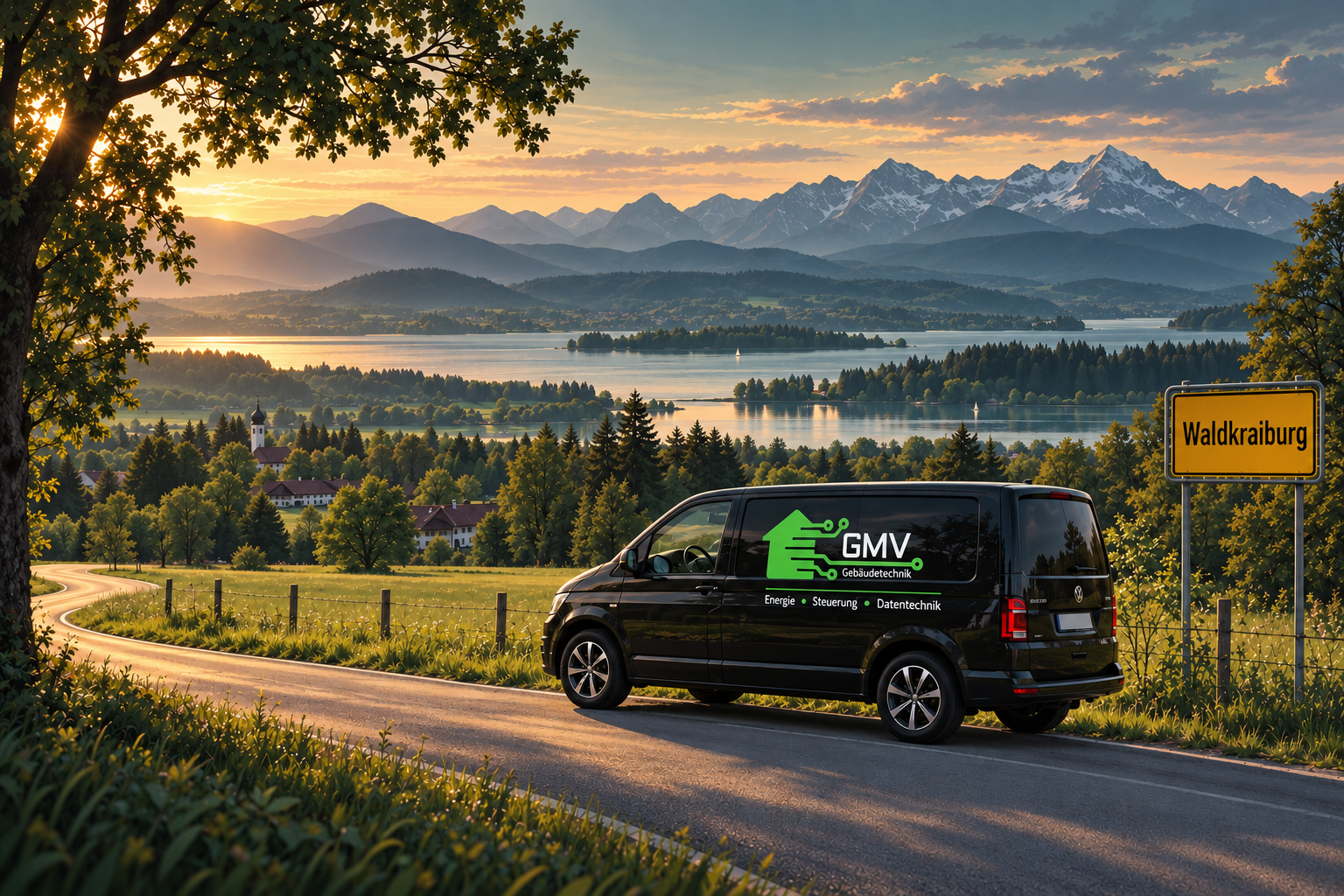 KI-generierte regionale Illustration mit See, Alpenkulisse, schwarzem Transporter von GMV Gebäudetechnik und Ortsschild Waldkraiburg